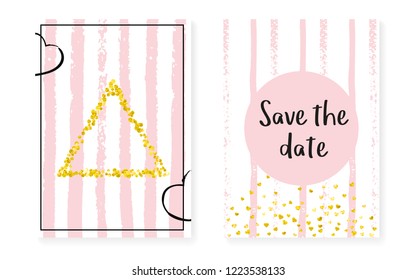Wedding card invitation with dots and sequins. Bridal shower set with gold glitter confetti. Vertical stripes background. Luxury wedding card for party, event, save the date flyer.