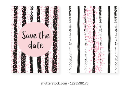 Wedding card invitation with dots and sequins. Bridal shower set with pink glitter confetti. Vertical stripes background. Fashion wedding card for party, event, save the date flyer.