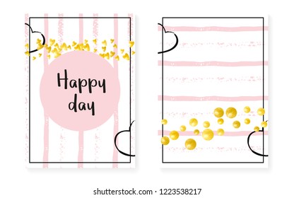 Wedding card invitation with dots and sequins. Bridal shower set with gold glitter confetti. Vertical stripes background. Retro wedding card for party, event, save the date flyer.