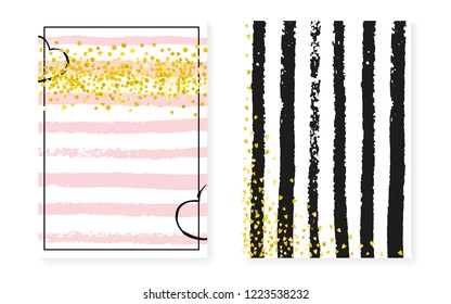Wedding card invitation with dots and sequins. Bridal shower set with gold glitter confetti. Vertical stripes background. Hipster wedding card for party, event, save the date flyer.