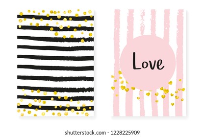 Wedding card invitation with dots and sequins. Bridal shower set with gold glitter confetti. Vertical stripes background. Hipster wedding card for party, event, save the date flyer.