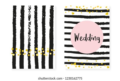 Wedding card invitation with dots and sequins. Bridal shower set with gold glitter confetti. Vertical stripes background. Luxury wedding card for party, event, save the date flyer.