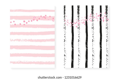 Wedding card invitation with dots and sequins. Bridal shower set with pink glitter confetti. Vertical stripes background. Vintage wedding card for party, event, save the date flyer.