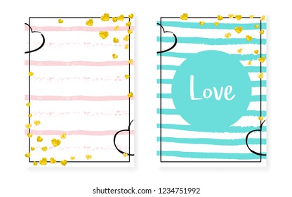 Wedding card invitation with dots and sequins. Bridal shower set with gold glitter confetti. Vertical stripes background. Trendy wedding card for party, event, save the date flyer.