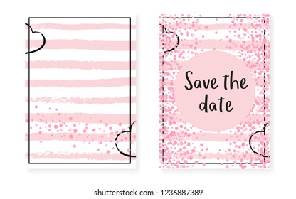 Wedding card invitation with dots and sequins. Bridal shower set with pink glitter confetti. Vertical stripes background. Creative wedding card for party, event, save the date flyer.