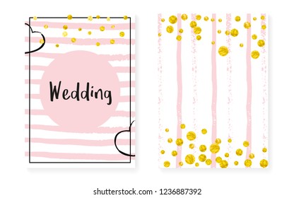 Wedding card invitation with dots and sequins. Bridal shower set with gold glitter confetti. Vertical stripes background. Vintage wedding card for party, event, save the date flyer.