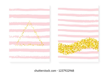 Wedding card invitation with dots and sequins. Bridal shower set with gold glitter confetti. Vertical stripes background. Stylish wedding card for party, event, save the date flyer.