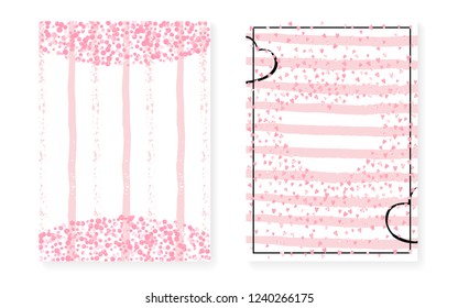 Wedding card invitation with dots and sequins. Bridal shower set with pink glitter confetti. Vertical stripes background. Vintage wedding card for party, event, save the date flyer.
