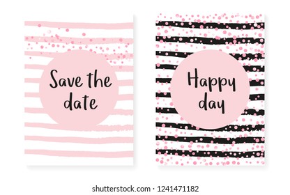 Wedding card invitation with dots and sequins. Bridal shower set with pink glitter confetti. Vertical stripes background. Retro wedding card for party, event, save the date flyer.