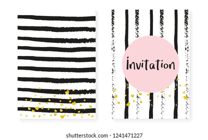 Wedding card invitation with dots and sequins. Bridal shower set with gold glitter confetti. Vertical stripes background. Trendy wedding card for party, event, save the date flyer.