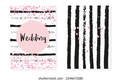 Wedding card invitation with dots and sequins. Bridal shower set with pink glitter confetti. Vertical stripes background. Hipster wedding card for party, event, save the date flyer.