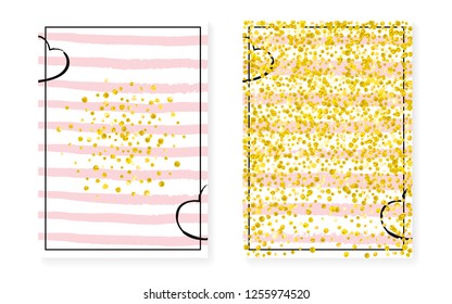 Wedding card invitation with dots and sequins. Bridal shower set with gold glitter confetti. Vertical stripes background. Hipster wedding card for party, event, save the date flyer.