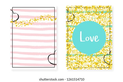 Wedding card invitation with dots and sequins. Bridal shower set with gold glitter confetti. Vertical stripes background. Retro wedding card for party, event, save the date flyer.