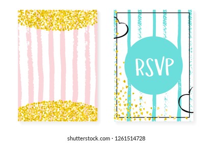 Wedding card invitation with dots and sequins. Bridal shower set with gold glitter confetti. Vertical stripes background. Luxury wedding card for party, event, save the date flyer.