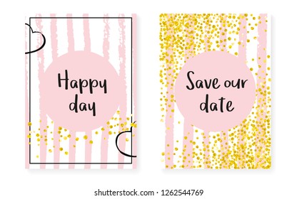 Wedding card invitation with dots and sequins. Bridal shower set with gold glitter confetti. Vertical stripes background. Retro wedding card for party, event, save the date flyer.