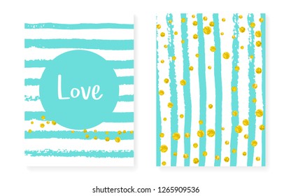 Wedding card invitation with dots and sequins. Bridal shower set with gold glitter confetti. Vertical stripes background. Hipster wedding card for party, event, save the date flyer.
