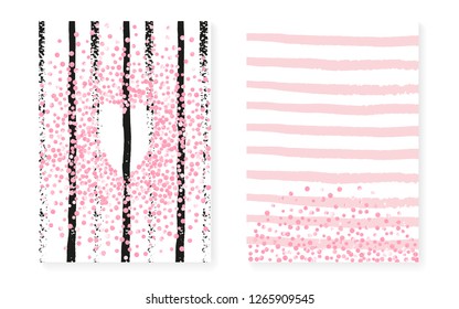 Wedding card invitation with dots and sequins. Bridal shower set with pink glitter confetti. Vertical stripes background. Retro wedding card for party, event, save the date flyer.