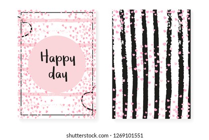 Wedding card invitation with dots and sequins. Bridal shower set with pink glitter confetti. Vertical stripes background. Elegant wedding card for party, event, save the date flyer.