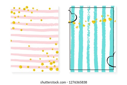 Wedding card invitation with dots and sequins. Bridal shower set with gold glitter confetti. Vertical stripes background. Creative wedding card for party, event, save the date flyer.