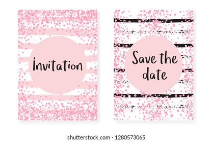 Wedding card invitation with dots and sequins. Bridal shower set with pink glitter confetti. Vertical stripes background. Tender wedding card for party, event, save the date flyer.