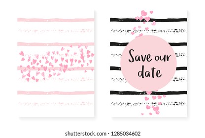 Wedding card invitation with dots and sequins. Bridal shower set with pink glitter confetti. Vertical stripes background. Fashion wedding card for party, event, save the date flyer.