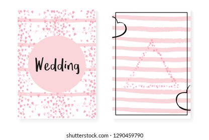 Wedding card invitation with dots and sequins. Bridal shower set with pink glitter confetti. Vertical stripes background. Fashion wedding card for party, event, save the date flyer.