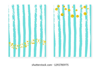 Wedding card invitation with dots and sequins. Bridal shower set with gold glitter confetti. Vertical stripes background. Stylish wedding card for party, event, save the date flyer.