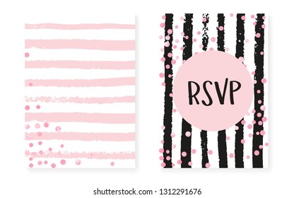 Wedding card invitation with dots and sequins. Bridal shower set with pink glitter confetti. Vertical stripes background. Luxury wedding card for party, event, save the date flyer.