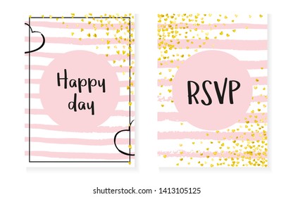 Wedding card invitation with dots and sequins. Bridal shower set with gold glitter confetti. Vertical stripes background. Trendy wedding card for party, event, save the date flyer.