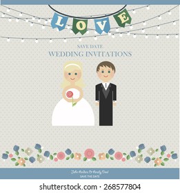 Wedding Card Invitation with wedding figures newlyweds in  flat style. Vector card