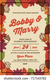 Wedding card or invitation with leaf background.