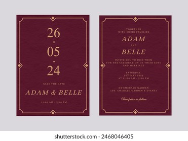 Wedding Card Invitation Maroon Paper Texture with Gold Frame Border