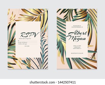 Wedding card invitation with palm leaves. gold foil and foliage elements. Trendy pattern, graphic poster, geometric brochure, cards. Vector illustration