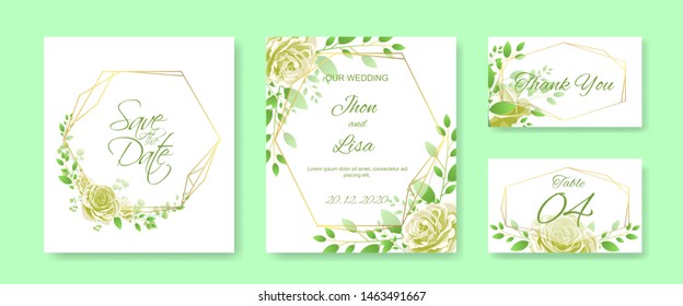 wedding card invitation set with beautiful flowers vector