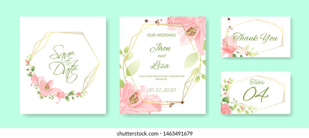 wedding card invitation set with beautiful flowers vector