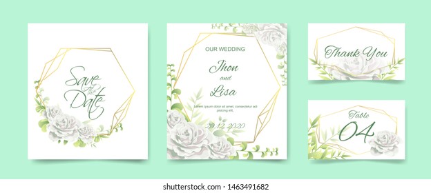 wedding card invitation set with beautiful flowers vector