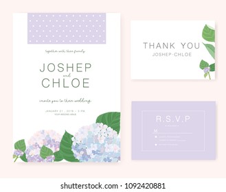 Wedding card invitation set with hydrangea flower and leaf vector template.