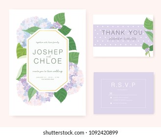 Wedding card invitation set with hydrangea flower and leaf vector template.