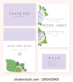 Wedding card invitation set with hydrangea flower and leaf vector template.