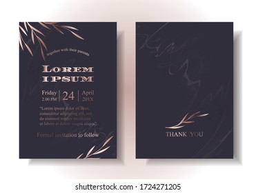 Wedding card Invitation, strange color, navy mixed with red, decorated with swaying leaves Rose gold tone, luxurious, elegant, conceptual. The back has a thin marble pattern. Illustration