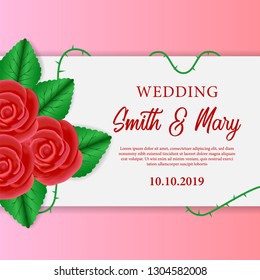 Wedding card invitation template with 3d red and pink rose bouquet flower