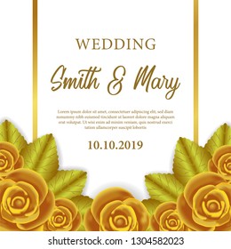 Wedding card invitation template with 3D gold flower bouquet elegant luxury