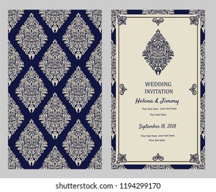 Wedding card or invitation template with calligraphy frame. Vector illustration in retro style.