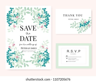 wedding card invitation template with green leaf and red flower