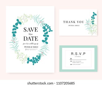 wedding card invitation template with green leaf and red flower