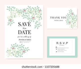 wedding card invitation template with green leaf and red flower