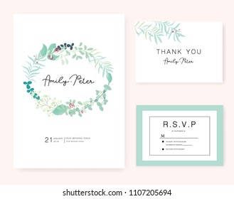 wedding card invitation template with green leaf and red flower