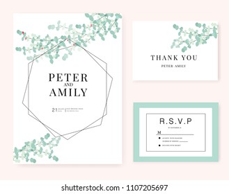 wedding card invitation template with green leaf and red flower