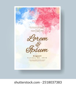 Wedding card invitation template with hand painted watercolor splash