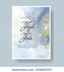 Wedding card invitation template with hand painted watercolor splash